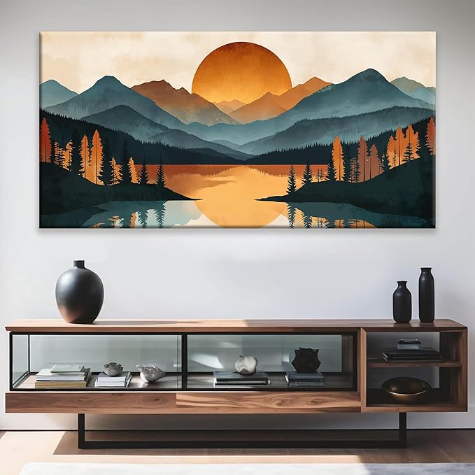 Colorful Mountain Boho Wall Art For Living Room Large Size Canvas Art Wall Decor For Office Modern Bedroom Decorations Forest River Landscape Pictures Paintings Artwork Mural Aesthetic Artwork 29 X 58 In