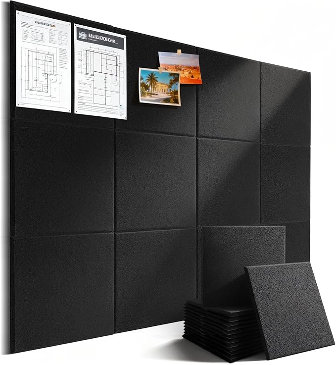 Large Cork Boards for Walls 48" x 36", 12 Pack Black Bulletin Board, Felt Wall Tiles with 72 Safe Removable Adhesive Tabs, Pinboard Cork Board for Office Home Decor