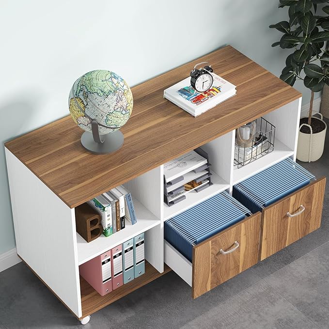 Tribesigns 2 Drawers Lateral File Cabinets, Home Office 47-inch Mobile Wood Filing Cabinet Printer Stand with Wheels and Open Storage Shelves,Drawers for Letter Size (White)