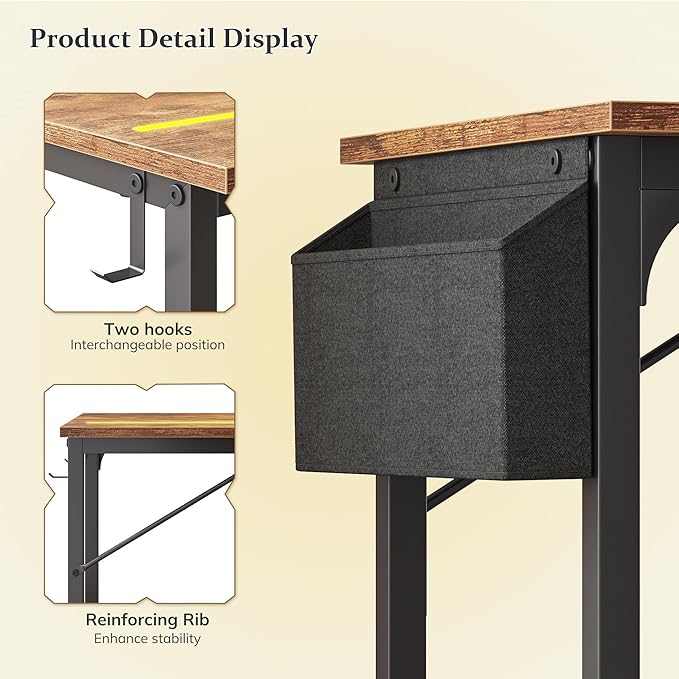 Computer Desk 55 Inch Home Office Desks with Storage Bag,Gaming Writing Work from Home Study Desk with Adjustable LED Lights,Office Desk with Headphone Hook Sturdy Metal Frame, Rustic Brown