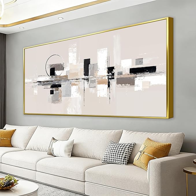 QSQ Large Gold Framed Wall Art For Living Room Painting Black White Wall Art Prints Minimalist Grey Brown Abstract Art Modern Canvas Art Wall Decor Picture For Bedroom Office Home Decor 29" × 58"