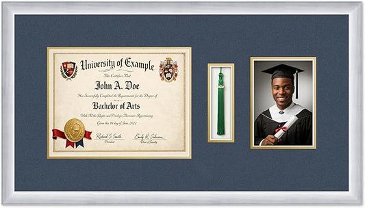 CountryArtHouse Diploma Tassel and Photo Shadowbox Fits 11 x 8.5 US Letter Certificate with TASS Stainless Silver Genuine Hardwood with Navy Blue Over Metallic Gold Double mat