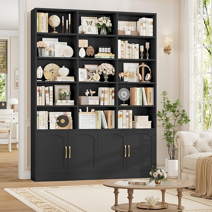 FACBOTALL 82.3" Triple Wide Bookshelf, 7-Tier Tall Bookcase with 15-Cube Open Bookshelf & 4 Doors, Large Bookshelf with Storage Cabinet, Modern Bookshelf for Living Room, Office, Study Room, Black