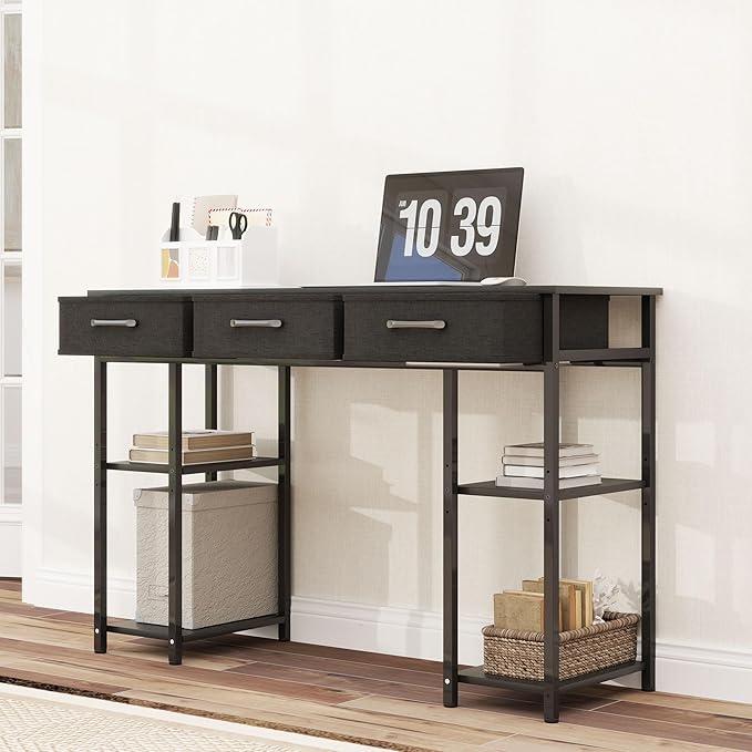 HOMCOM 47" Computer Desk with 3 Fabric Drawers, Home Office Desk with Adjustable Shelves, Small Writing Desk with Storage, Black