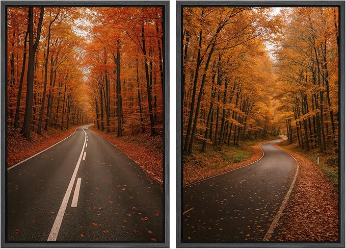 SIGNWIN Framed Canvas Print Wall Art Set Autumn Forest Road Nature Landscape Illustrations Modern Art Minimal Boho Relax/Calm for Living Room, Bedroom, Office - 24"x36"x2 Black