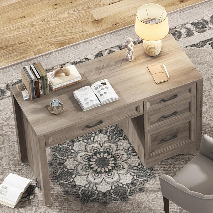 Vabches Farmhouse Executive Desk with Drawers, Home Office Desk with File Drawer, Wood Computer Desk with Ample Storage, Rustic Office Desk with Spacious Tabletop for Work, Grey