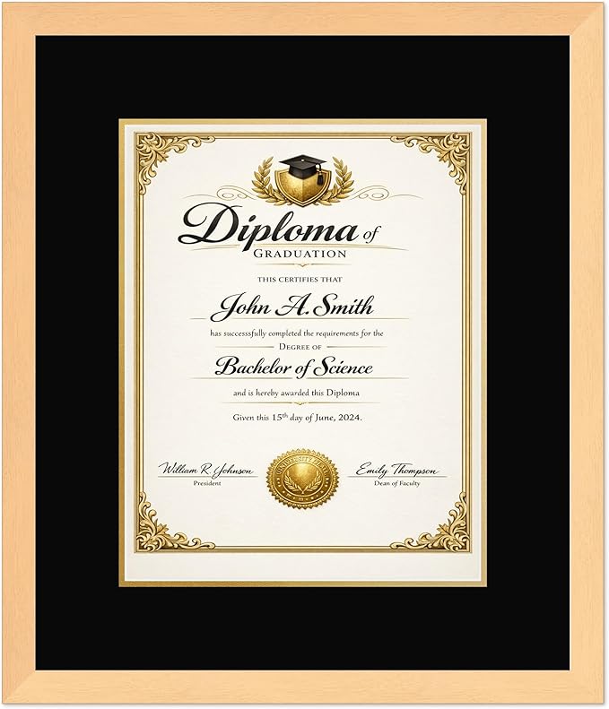 CountryArtHouse Diploma Frame Fits 11 x 14 College Diploma (Portrait) - Keepsake Graduation Display Natural Wood Genuine Hardwood with Black Over Metallic Gold Double mat