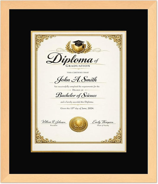 CountryArtHouse Diploma Frame Fits 11 x 14 College Diploma (Portrait) - Keepsake Graduation Display Natural Wood Genuine Hardwood with Black Over Metallic Gold Double mat