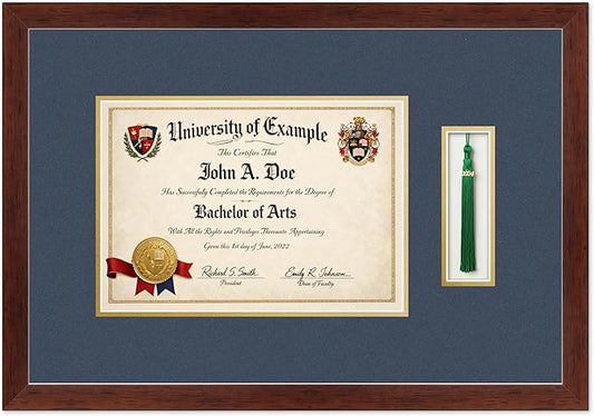 CountryArtHouse Diploma and Tassel Frame Fits 11.69 x 8.27 A4 Certificate with Tassel H Rustic Walnut Genuine Hardwood Shadowbox with Navy Blue Over Metallic Gold Double mat