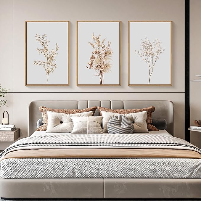 Ausril Wildflower Floral Framed Canvas Wall Art Set, Beige Botanical Wall Decor, Minimalist Nature Flower Wall Painting, Modern Boho Farmhouse Art Print for Living Room, Bedroom, Office- 16"x24"x3
