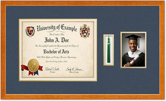 Diploma Tassel and Photo Shadowbox Fits 15 x 12 Military/Government with Tassel Hook and Honey Oak Genuine Hardwood with Navy Blue Over Metallic Gold Double mat
