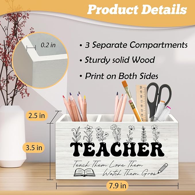 Teacher Pen Holder Organizer for Desk Accessories, Floral Themed Wooden Box Sign Desk Decorations for Office Classroom Tabletop, Graduation Teacher Appreciation Gifts for Women Men Teachers