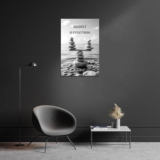 YIOZHAOFH Mindset Wall Art for Zen Office Inspirational Pictures Wall Decor Motivational Quotes Canvas Art Black and White Landscape Nature Print Poster Painting Framed for Meditation Spa Room Bedroom (24L x 36W)