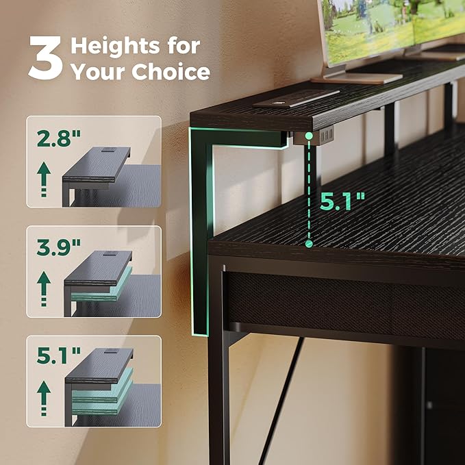 Huuger Gaming Desk with 6 Drawers, Computer Desk with LED Lights Power Outlets and Type-C, 55 Inch Office Desk with Storage, Monitor Stand, Writing Desk Work Desk Home Office, Bedroom, Study, Black