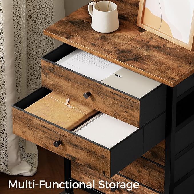 5 Drawer File Cabinet,Rolling Filing Chest Cabinet with Wheels, Under Desk Storage Organizer, Printer Stand with Non-Woven Fabric Drawer, for Home Office, Study, Rustic Brown FCHR4801
