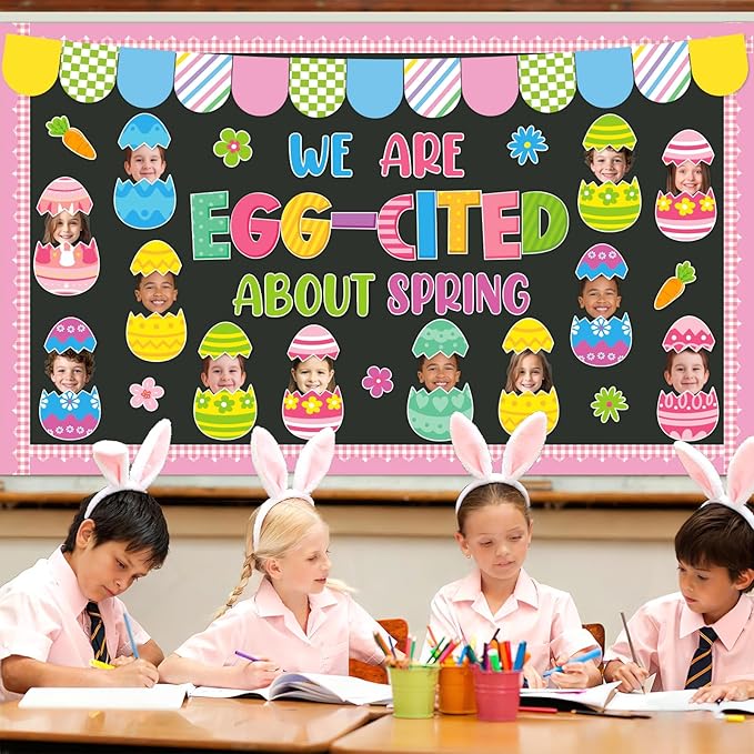 Easter Bulletin Board Decoration Set Easter Egg DIY Photo Craft Cutouts We are Egg-Cited About Spring Classroom Decoration for Teacher School Office Home Chalkboard Wall Decor Spring Party Supplies