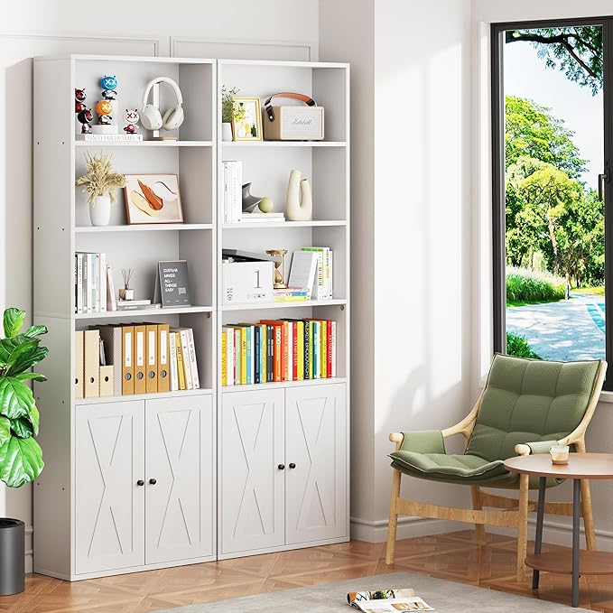 Vongrasig 6-Tier Open Bookcase and Bookshelf with Doors, Floor Standing Farmhouse Display Storage Shelves 71 Inch Wood Tall Bookcase for Home Office, Living Room, Bed Room, White, 2 Pieces