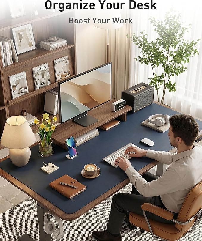 Aothia Faux Leather Desk Mat - Large Mouse Pad, Non-Slip PU Leather Blotter, Waterproof Writing Surface for Office and Home (Dark Blue, 40" x 24")