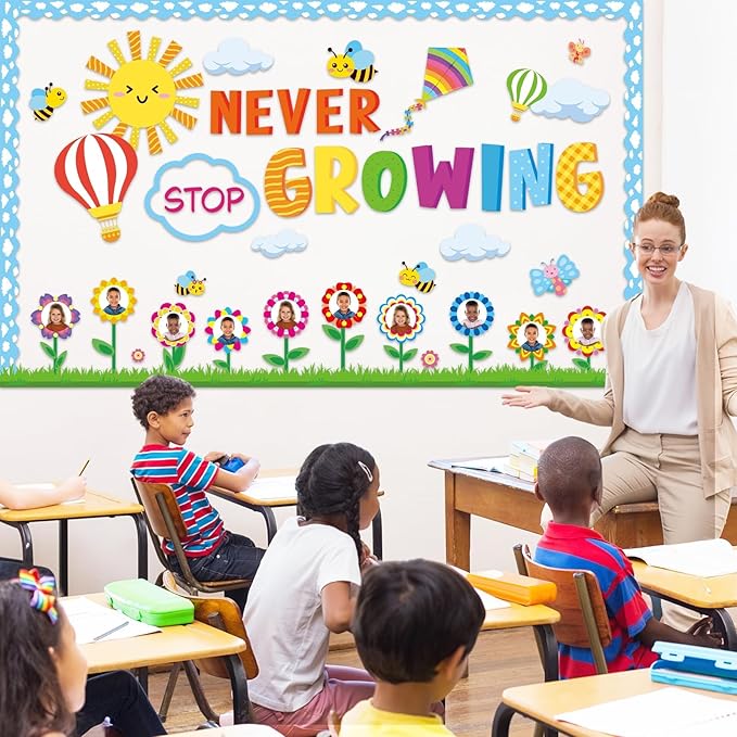 Spring Bulletin Board Set Flower Growth Mindset Classroom Decorations Butterfly Bees Paper Cutouts Sky Grassland Bulletin Board Border for Chalkboard Kindergarten Decor Back to School Party Supplies