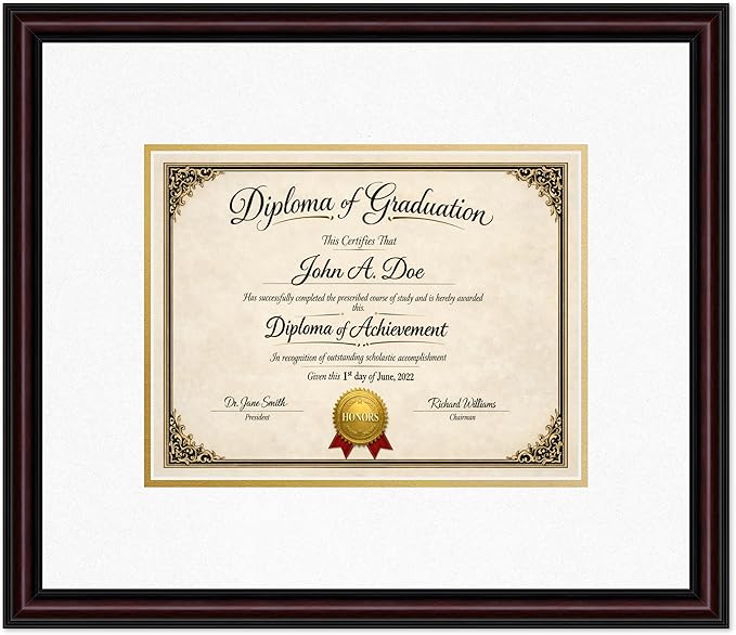 Diploma Frame Executive Brown with Oyster Shell Over Gold Double Mat - Fits 11 x 8.5 US Letter Certificate Wall Display Made in the USA