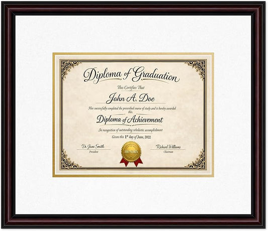 Diploma Frame Executive Brown with Oyster Shell Over Gold Double Mat - Fits 11 x 8.5 US Letter Certificate Wall Display Made in the USA