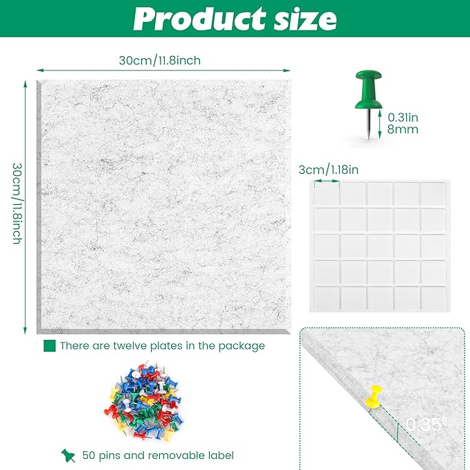 Large Cork Board Alternative - 11.8"x11.8"x0.35" 12 Pack Felt Wall Tiles Self-Adhesive Safe Removable Large Corkboard Bulletin Board Felt Cork Board for Walls Cork Board for Office 48 x 36-White Grey