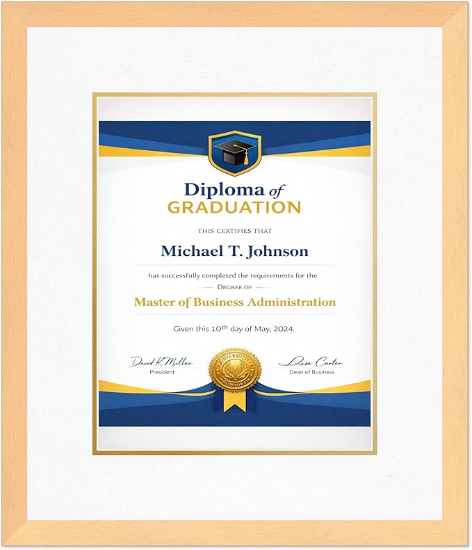 Diploma Frame Natural Wood with Oyster Shell Over Gold Double Mat - Fits 11 x 14 College Diploma (Portrait) Wall Display Made in the USA