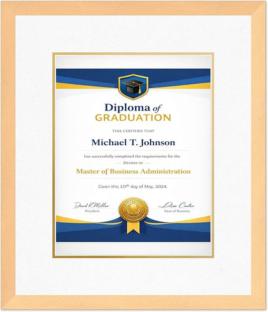 Diploma Frame Natural Wood with Oyster Shell Over Gold Double Mat - Fits 11 x 14 College Diploma (Portrait) Wall Display Made in the USA