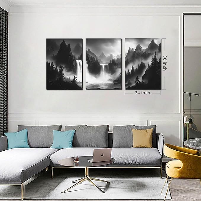 Waterfall Canvas Wall Art for Living Room - Mountains Pictures Wall Art for Office - Modern 3 Piece Large Wall Art for Bedroom Size 24" x 36"
