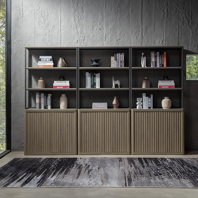 SICOTAS Book Shelf Fluted Bookshelf 71" Tall Bookcase with Doors Storage 5 Tier Mid Century Modern Bookshelves Large Shelves Metal Book Cases for Living Room Office Bedroom Kitchen Library (3PCS)