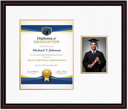 Diploma Frame With Photo Opening Executive Brown Oyster Shell Over Gold Mat - Fits 10 x 13 Degree and Picture Made in the USA