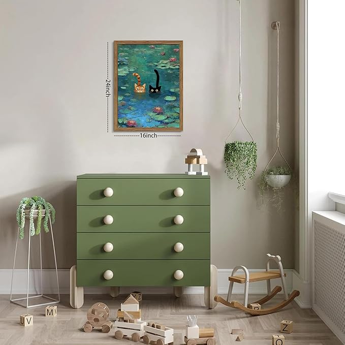 Framed Cat Wall Art, Vintage Whimsical Claude Monet Canvas Wall Decor Painting, Cute Funny Water Lilies Cat Poster Print Picture for Living Room Bedroom Bathroom 16x24 Inch