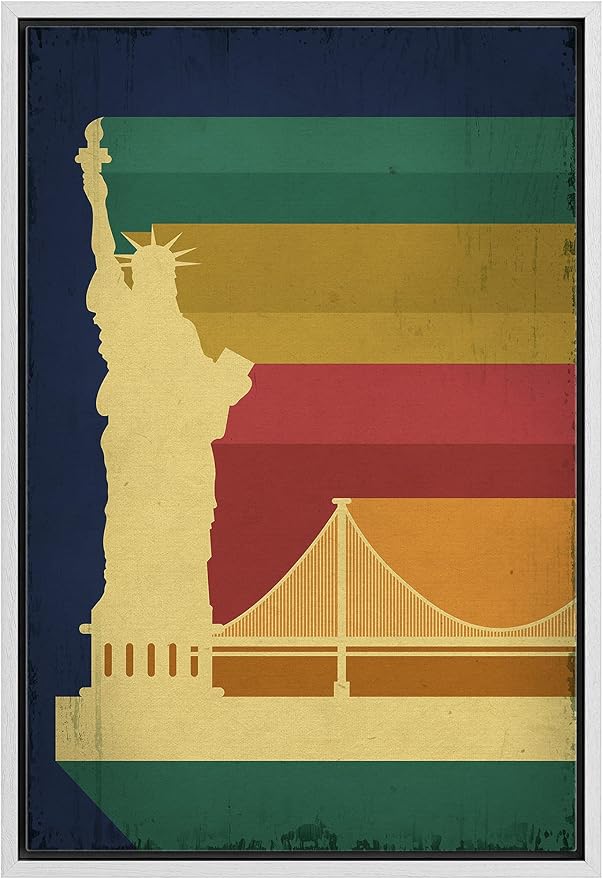 IDEA4WALL Framed Canvas Print Wall Art Retro Vintage Rainbow Statue of Liberty Poster Cultural Building Illustrations Modern Art Contemporary Scenic for Living Room, Bedroom, Office - 24"x36" WHITE