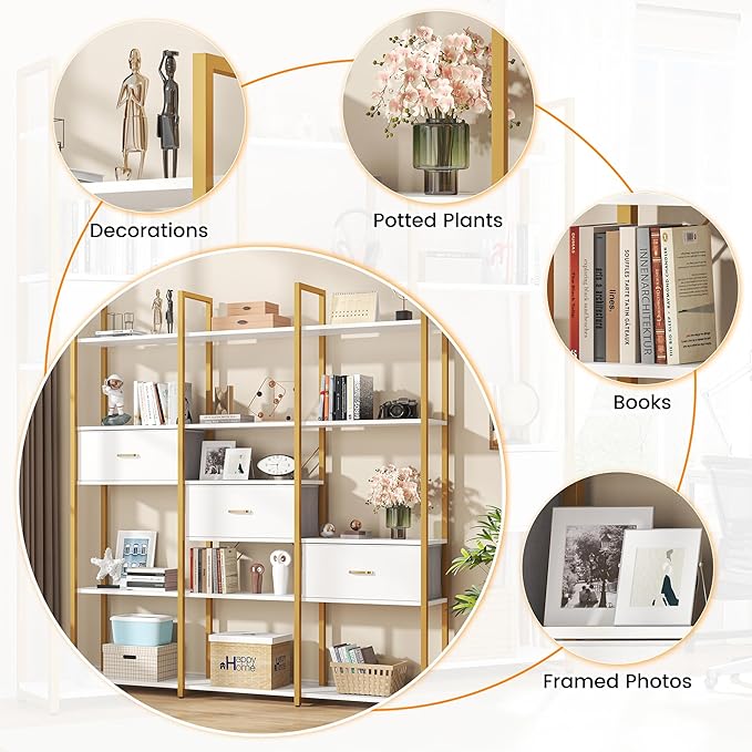 Semoic Triple Wide 6 Tiers Industrial Book Shelf with 3 Drawers and Storage Shelves, 73.6" Tall Bookcase with 16 Open Display Shelves, Large Etagere Bookshelf with Metal Frame for Home & Office, Gold