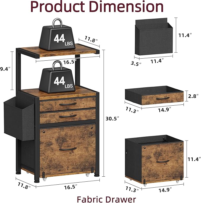 3-Drawer File Cabinet, Filing Cabinet with 2-Tier Printer Shelves, Office Cabinets with Side Bag&File Drawer for A4/Letter Size, Printer Stand with Storage for Home Office, Rustic Brown