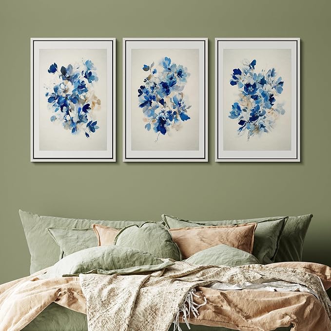 SIGNFORD Framed Wall Art Print Set Blue Blossom Watercolor Floral Botanical Digital Art Modern Art Contemporary for Living Room, Bedroom, Office - 16"x24"x3 WHITE