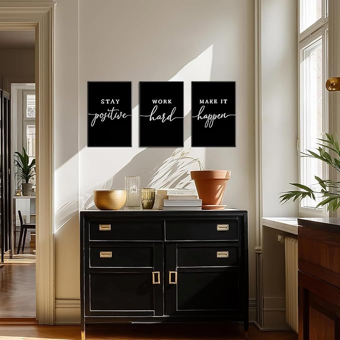 Motivational Office Wall Art Canvas Prints Set of 3 – Stay Positive Work Hard Make It Happen, Modern Positive Quotes Wall Decor for Home Office Living Room Bedroom Decor 12x16 inch Framed