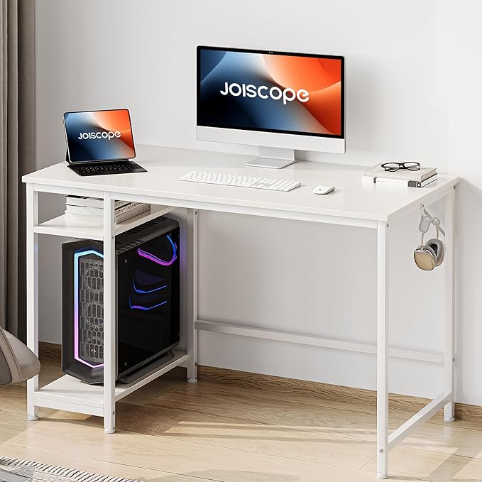 JOISCOPE Home Office Desk with Double Reversible Side Shelves and Headphone Hooks, Computer Desk for Working, Gaming, Studying, 55 inches, White