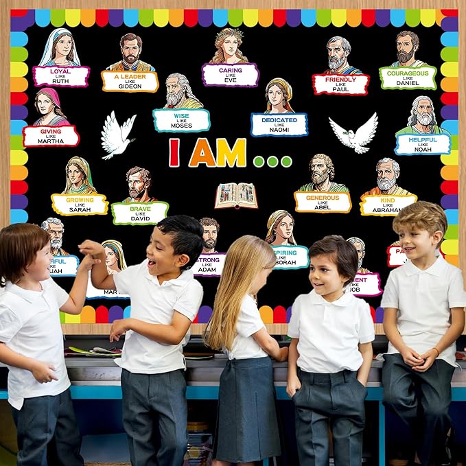 gisgfim Religious Bulletin Board Decorations Set I Am Bible Characters Classroom Decor Christian Paper Cutouts VBS Vacation Church Bulletin Board for Sunday School Home Chalkboard Wall
