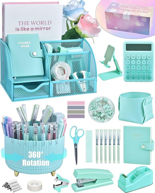 21Pcs Green and Blue Desk Organizers and Accessories With Mesh Desk Organizer and 360°Rotating Pen Holder and a Lot of Office Green Office Supplies Beautifully Presented in a Gift Box