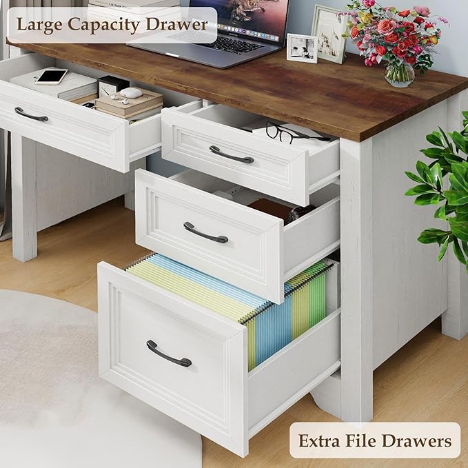 Farmhouse Executive Desk with Drawers, Wood Computer Desk with Ample File Drawer, Rustic Home Office Desk with Storage for Bedroom, Living Room, White