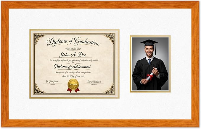 Diploma Frame With Photo Opening Honey Oak Oyster Shell Over Gold Mat - Fits 11 x 8.5 Degree and Picture Made in the USA