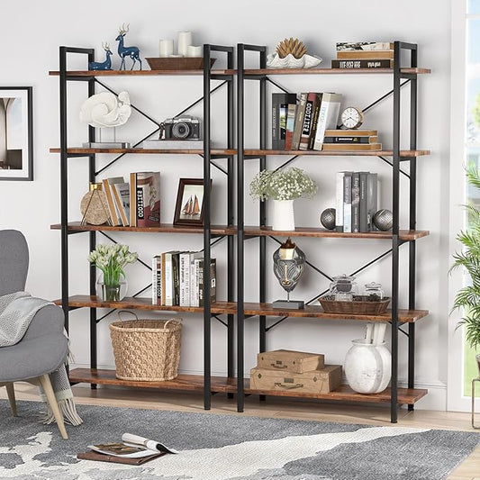 Tribesigns 5 Tier Bookshelf Set of 2, Industrial Etagere Bookcase with Metal Frame, Rustic Tall Book Shelf Unit for Living Room, Study, Home Office (2, Rustic)