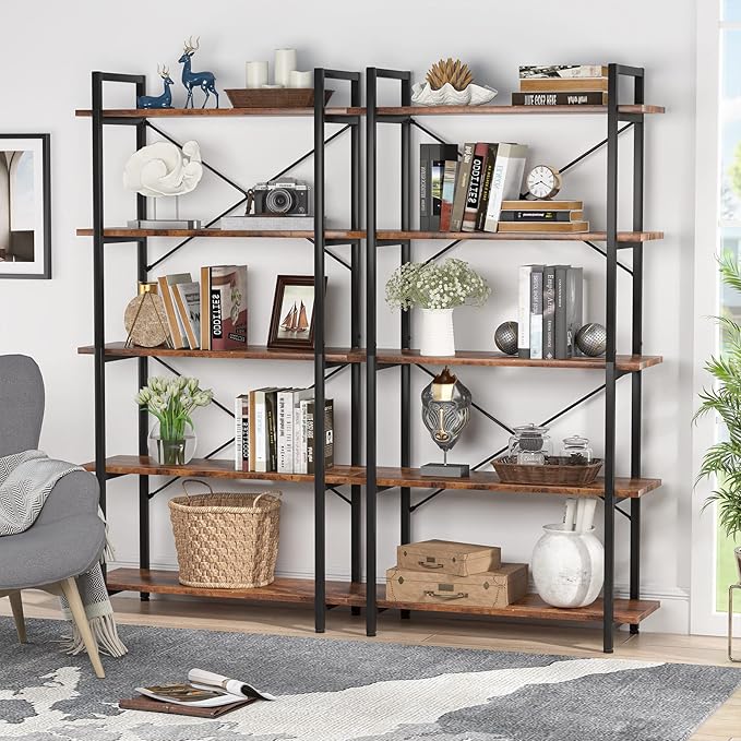 Tribesigns 5 Tier Bookshelf, Industrial Etagere Bookcase with Heavy-Duty Metal Frame, Rustic Tall Book Shelf Unit for Living Room, Study, Home Office (1, Rustic)