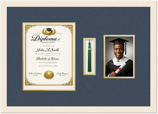 CountryArtHouse Diploma Tassel and Photo Shadowbox Fits 8.5 x 11 Certificate (Portrait) with Tassel Coastal Whitewash Genuine Hardwood with Navy Blue Over Metallic Gold Double mat