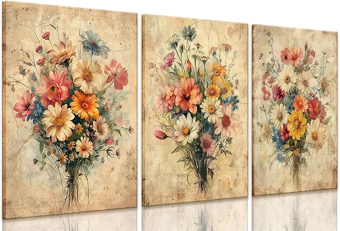 KISSFOX Framed Colorful Wildflower Canvas Wall Art Set Of 3 Flowers Pictures Prints Flowers Printing Floral Watercolors Flower wall Decor Living Room Girls Bedroom Bathroom