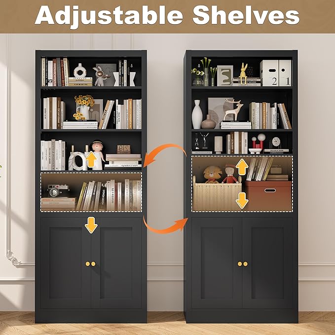 Black Bookcase, Library Office Book Shelf with Adjustable Shelves, Tall Bookcase with Doors for Bedroom Living Room Kitchen. Metal Bookshelf Ideal for Home Organization & Stylish Upgrades