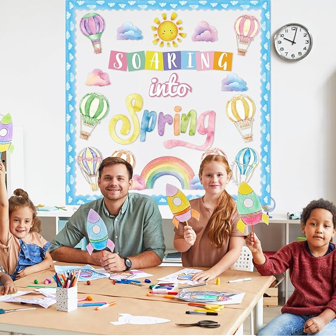 39pcs Spring Bulletin Board Decorations Soaring Into Spring Classroom Bulletin Board Set Hot Air Balloon Rainbow Paper Cutouts for Classroom School Office Home Nursery Chalkboard Door Wall Decor