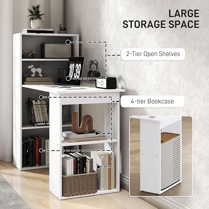 HOMCOM Modern Home Office Desk with 6-Tier Storage Shelves, 47" Writing Desk with Bookshelf, White