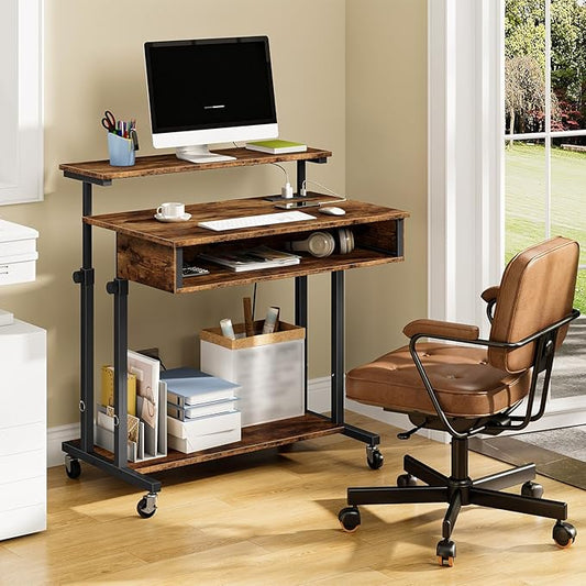 Computer Desk, Standing Desk on Wheels, Rolling Desk with Charging Station, Height-Adjustable Laptop Desk, for Living Room, Home Office, Rustic Brown and Black TDN08UBF